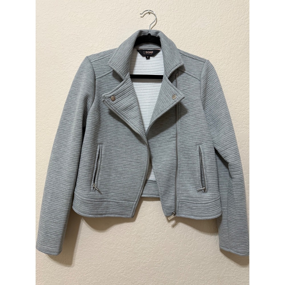 CISONO Moto Jacket Ribbed Knit Gray Cropped Biker‎ Coat